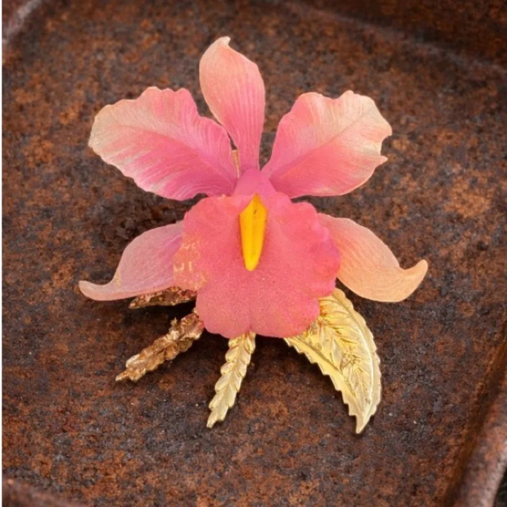 Vintage Pink Orchid Brooch Pin Gold Tone Floral Statement Botanical